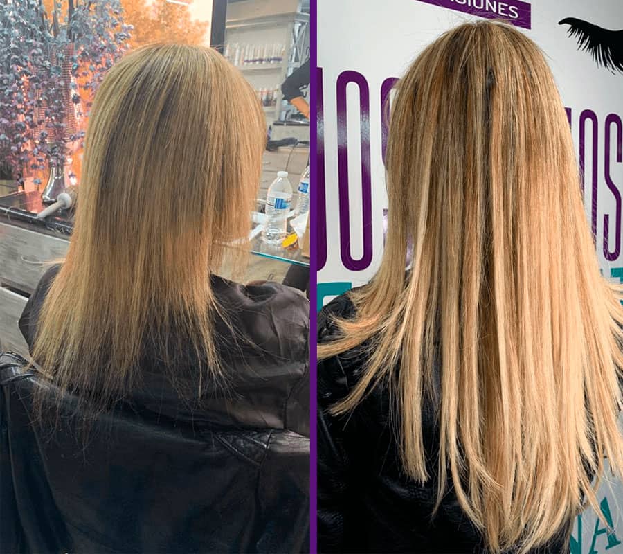 Mujer de espalda antes y después de colocar extensiones de cabello